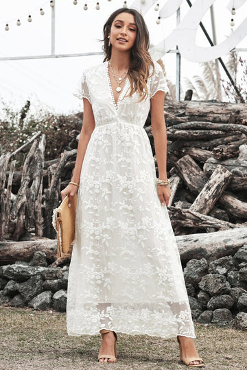 V-neck White Lace Wedding Party Dress
